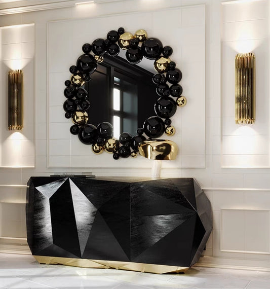 Black & Gold Orb Mirror with Lighting