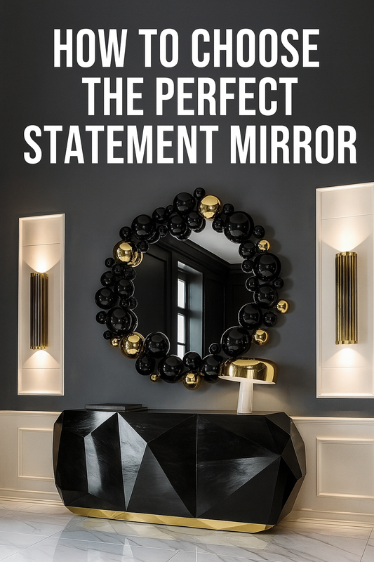 Luxury entryway with bold designer black and gold bubble mirror and sculptural black sideboard — statement interior design showcasing Forefurnish mirror collection