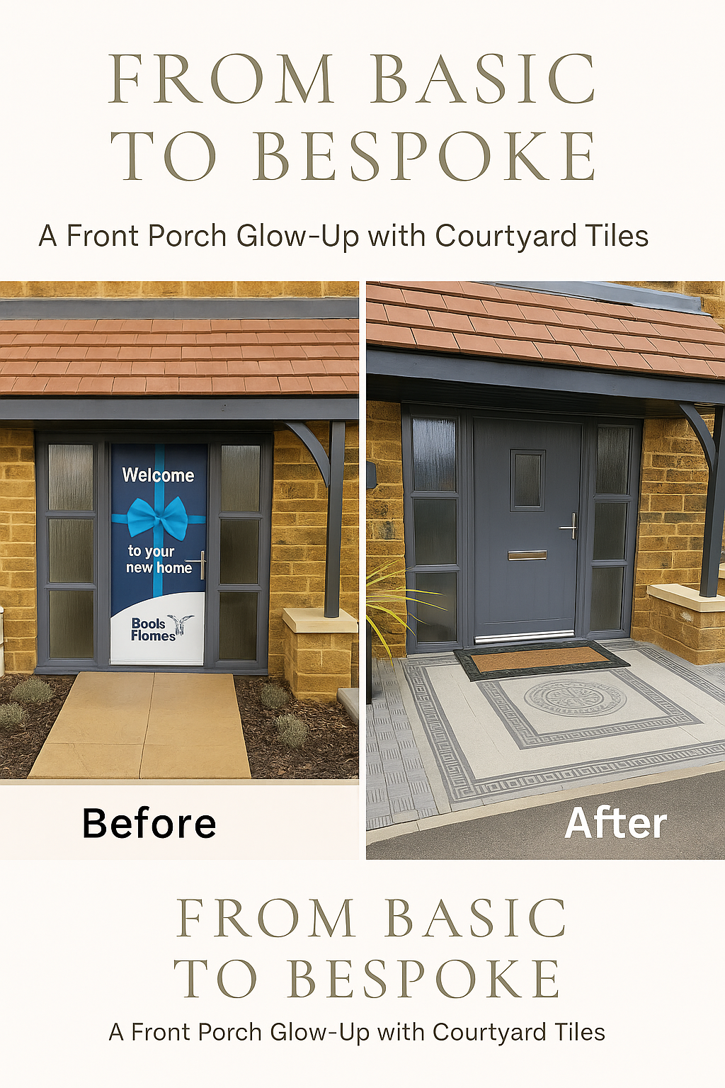 Before and after transformation of a front entryway using Greek key courtyard tiles in grey and off white tones.