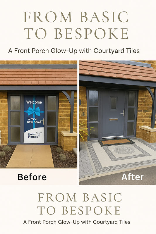 Before and after transformation of a front entryway using Greek key courtyard tiles in grey and off white tones.