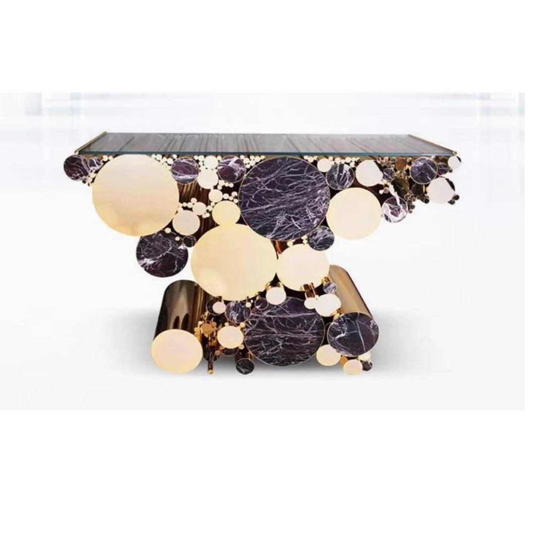 Artisan Circle Cluster Console Table — Stainless Steel & Marble