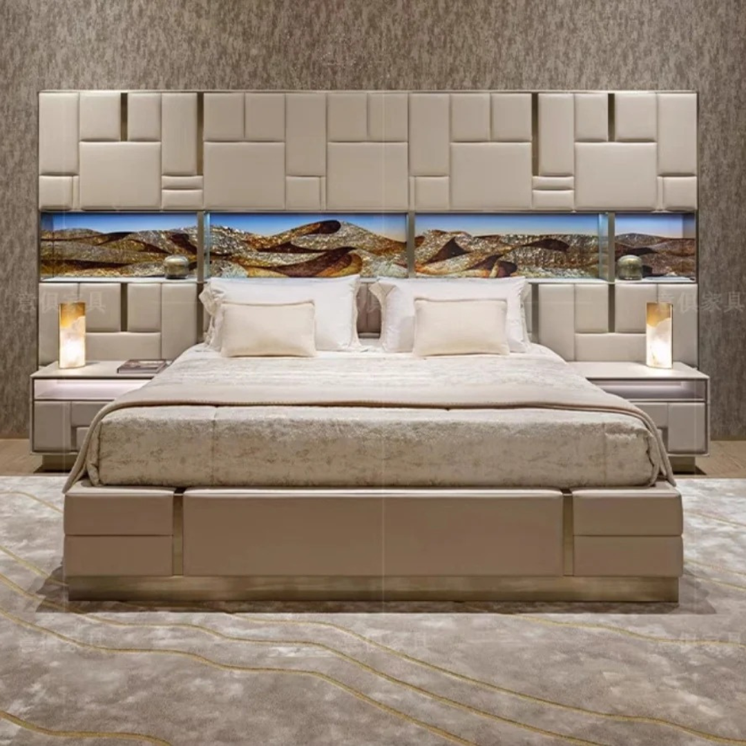 Oversized Luxe Upholstered Bed with LED & Wall Panel Design
