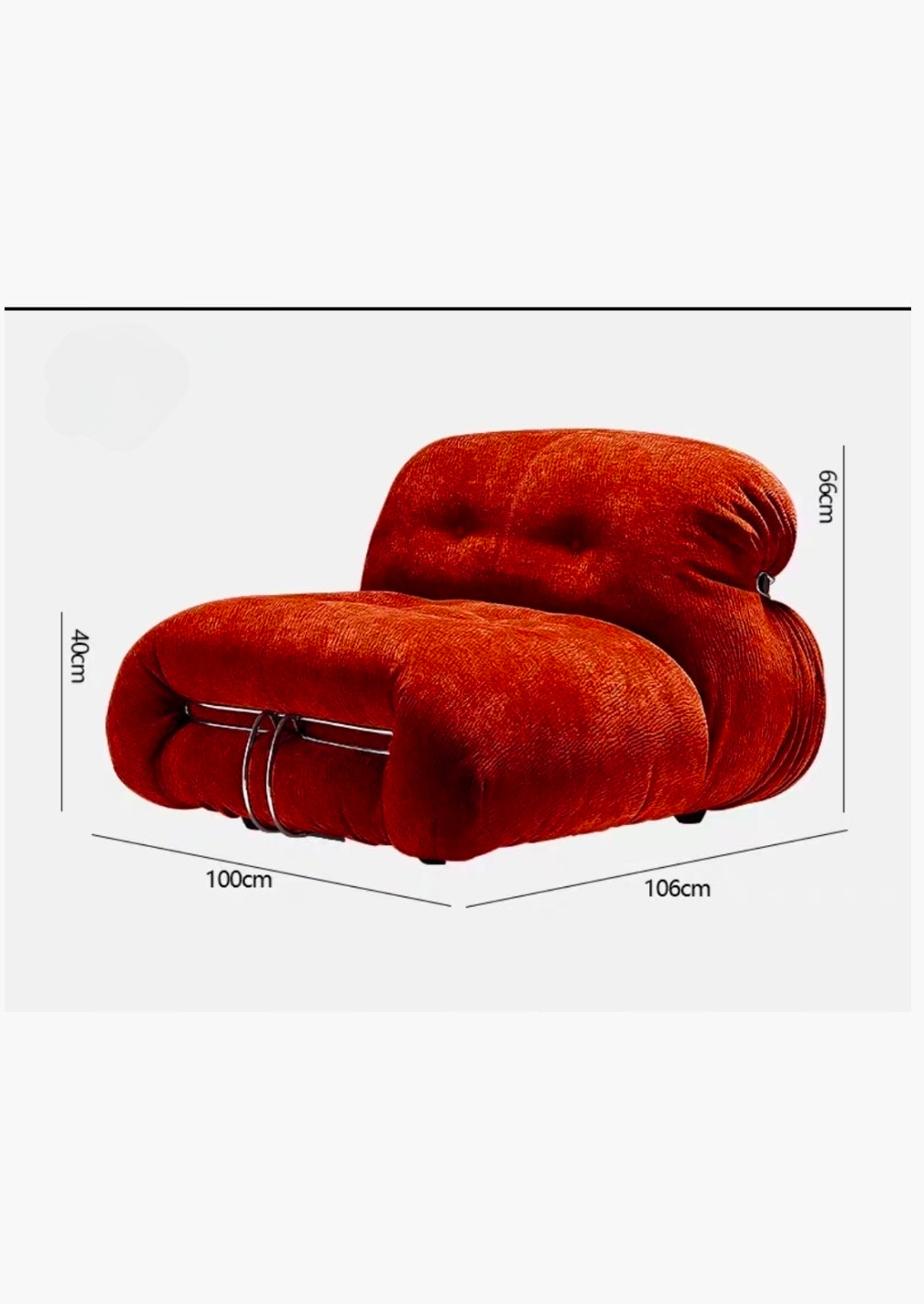 Dimensions diagram of sculptural lounge chair for modern interiors