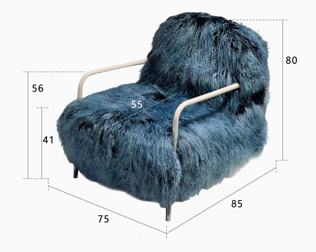 Dimensions diagram of sculptural shearling lounge chair for living room
