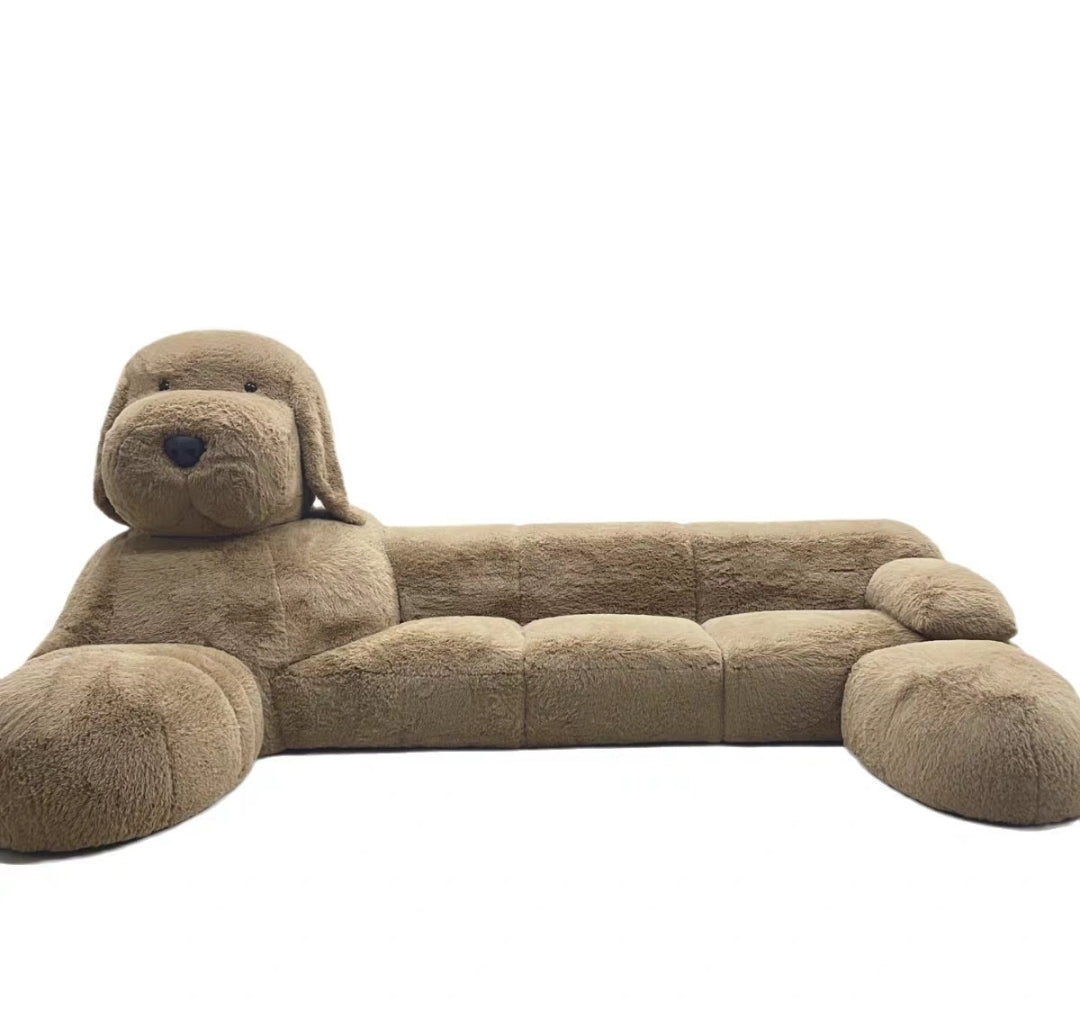 Teddy bear - shaped luxury sofa with plush upholstery, sculpted to resemble a dog