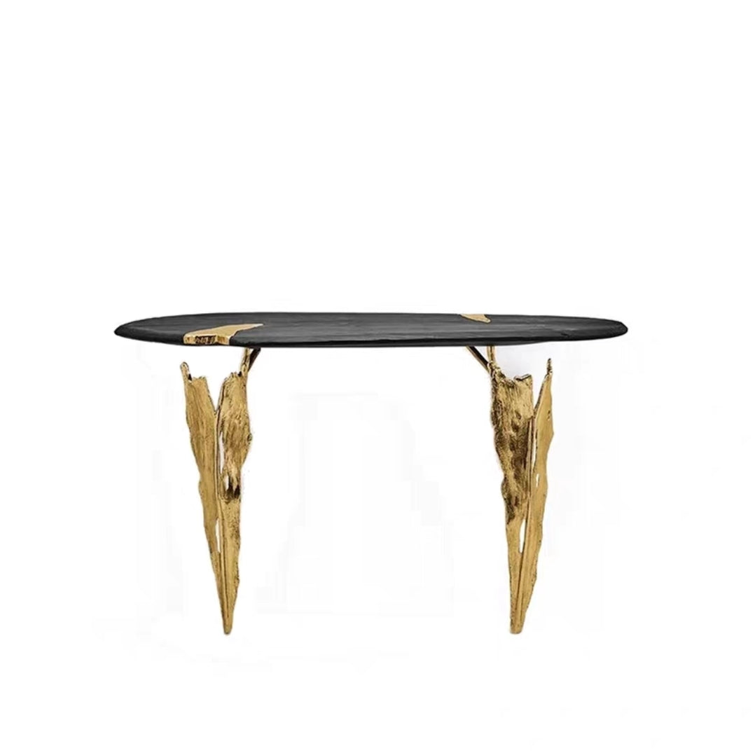 Brass side table with sculptural sphere base, studio crafted
