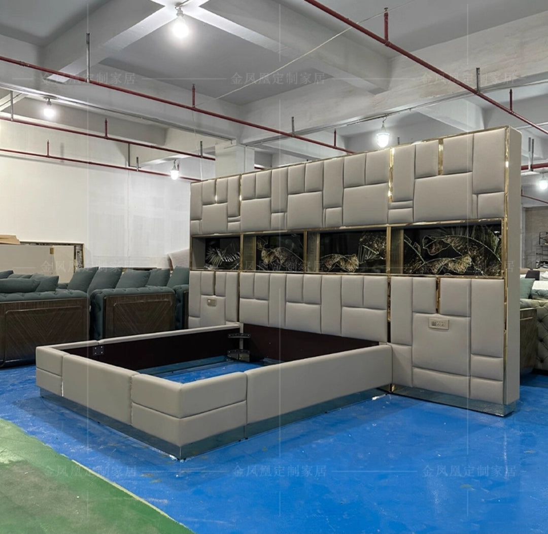 Oversized Luxe Upholstered Bed with LED & Wall Panel Design