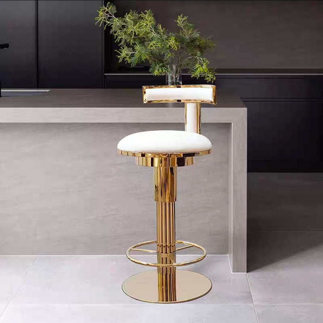 Designer bar stool with polished brass-finish metal frame