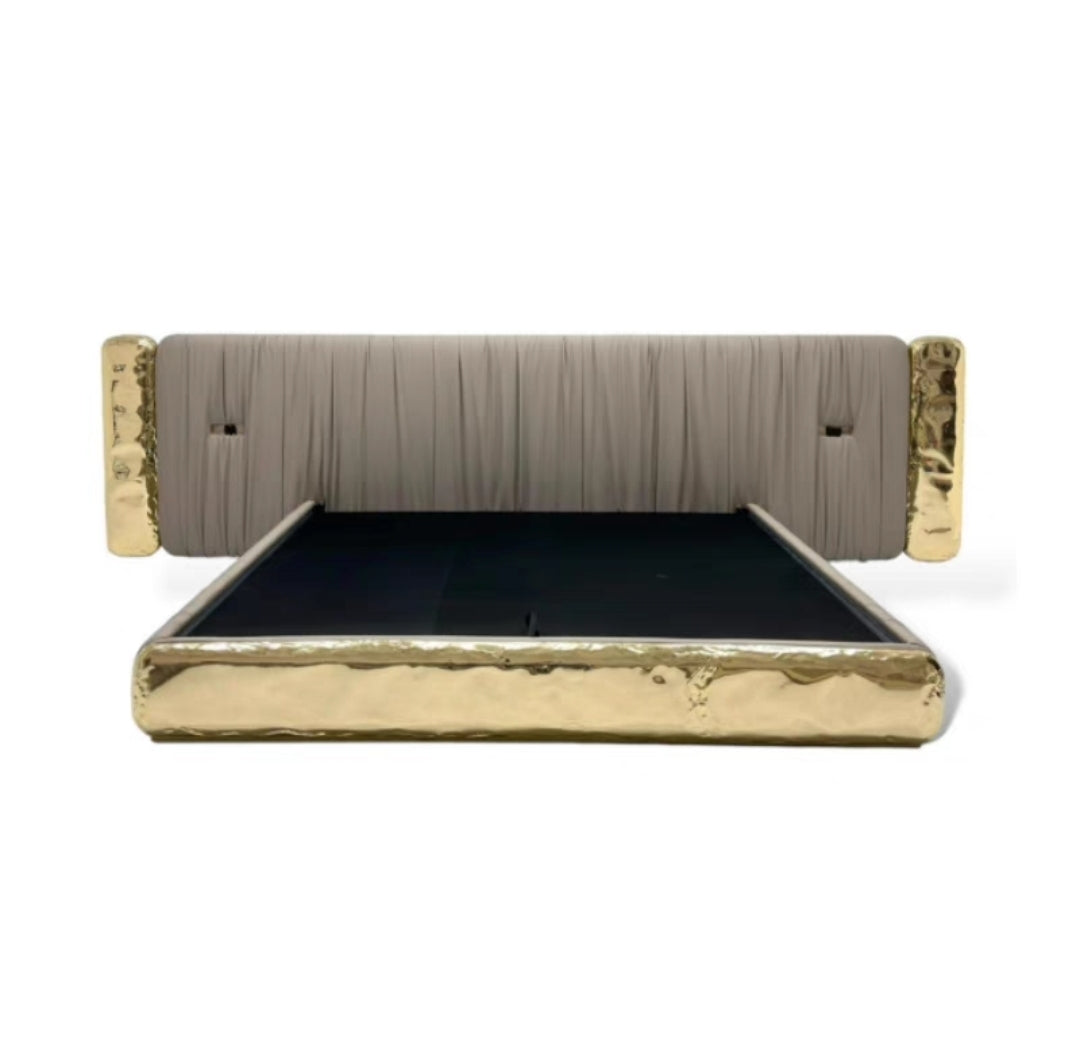 Modern Luxury Designer Bed – Gold-Plated Frame + Sanded Eco Leather Upholstery