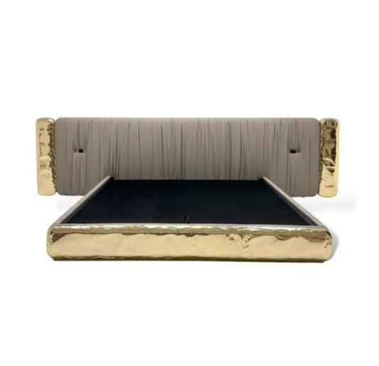 Modern Luxury Designer Bed – Gold-Plated Frame + Sanded Eco Leather Upholstery