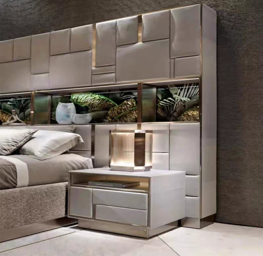 Oversized Luxe Upholstered Bed with LED & Wall Panel Design