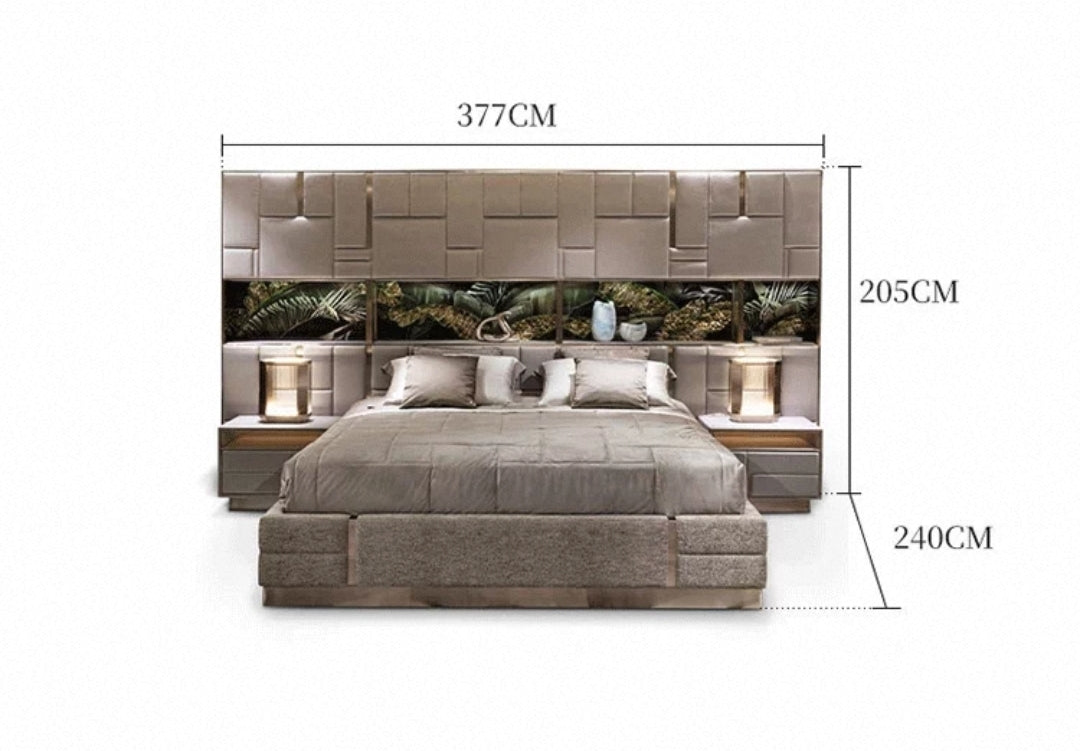 Oversized Luxe Upholstered Bed with LED & Wall Panel Design