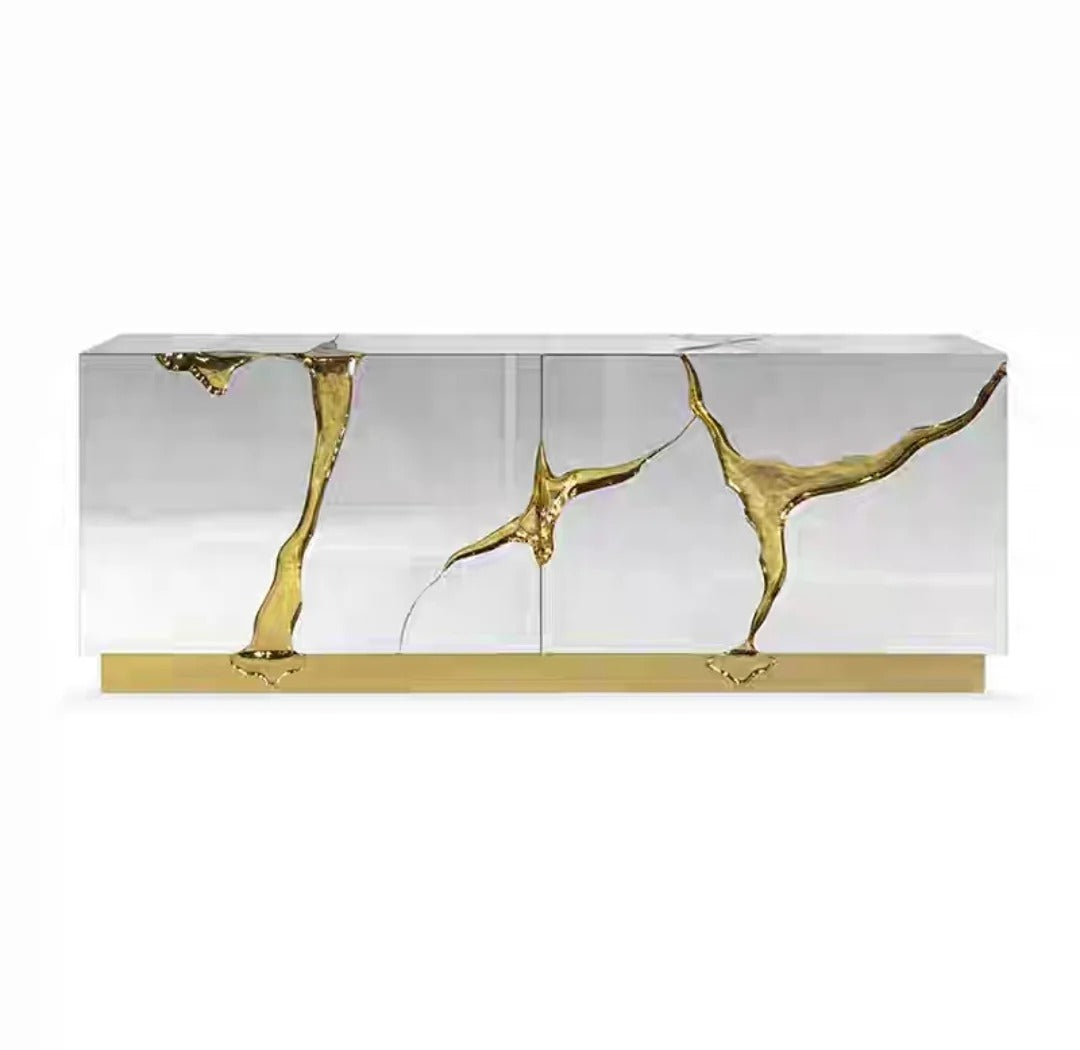 Luxury Abstract Cracked Metal Console Cabinet — Stainless Steel & Solid Wood