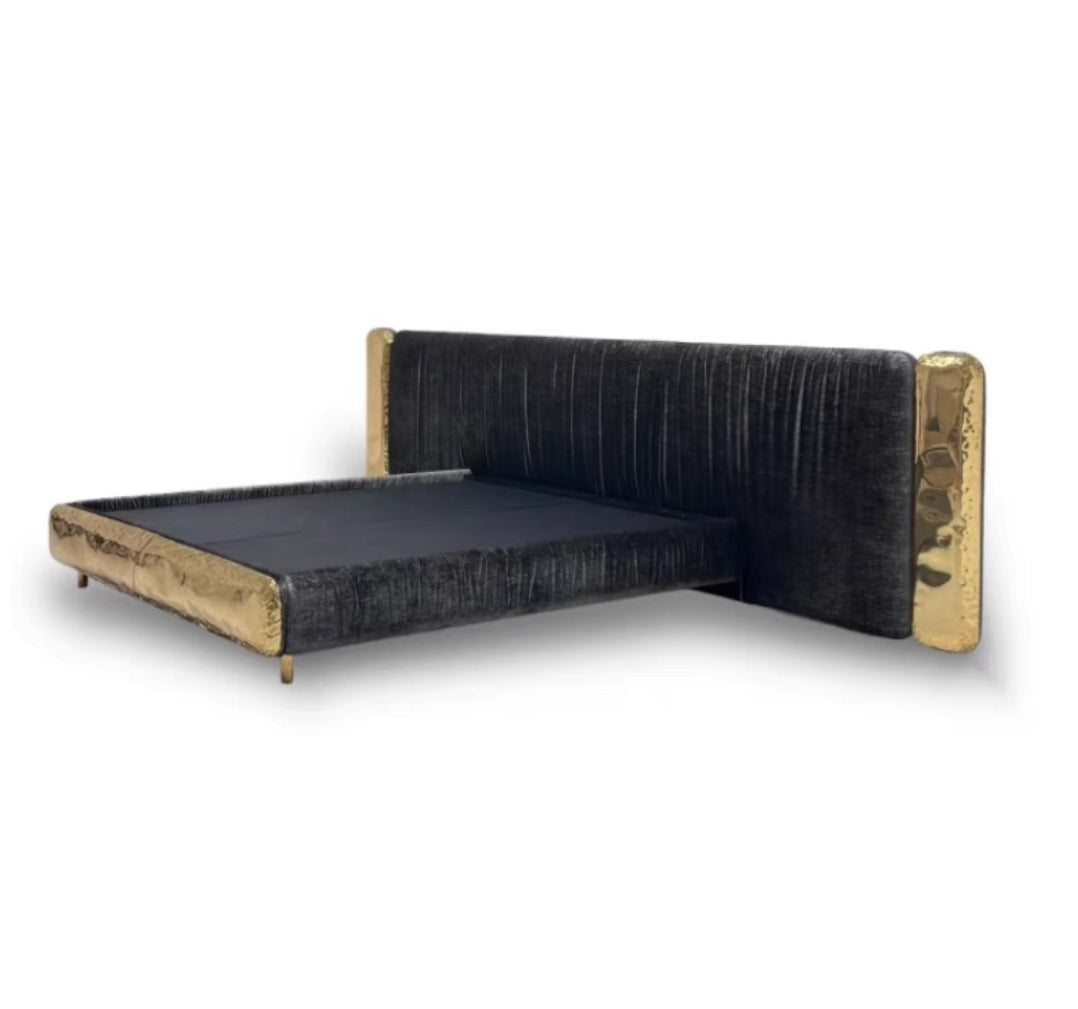 Modern Luxury Designer Bed – Gold-Plated Frame + Sanded Eco Leather Upholstery