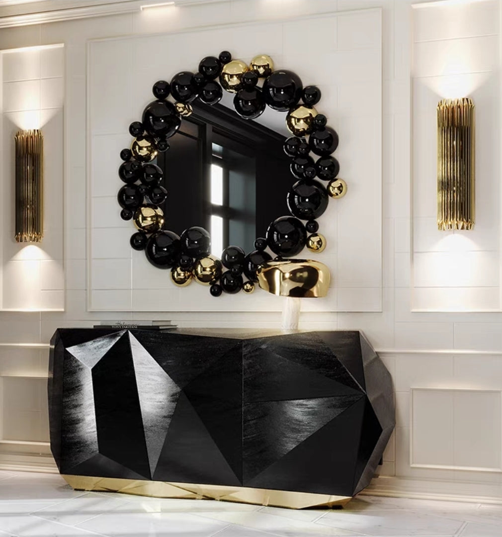 Black & Gold Orb Mirror with Lighting