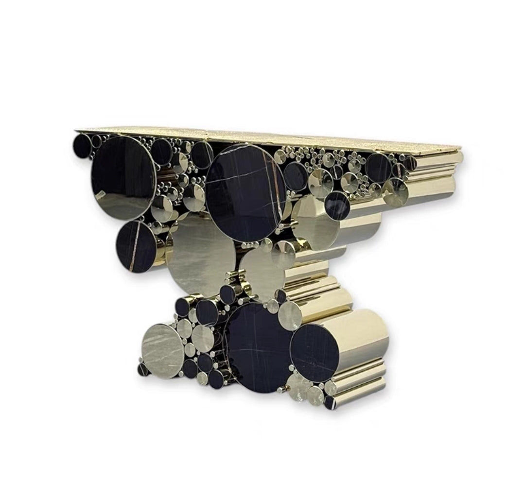 Artisan Circle Cluster Console Table — Stainless Steel & Marble