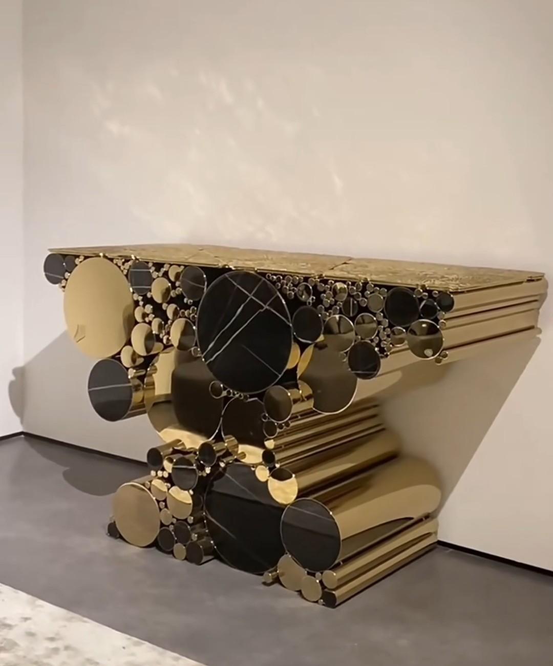 Artisan Circle Cluster Console Table — Stainless Steel & Marble