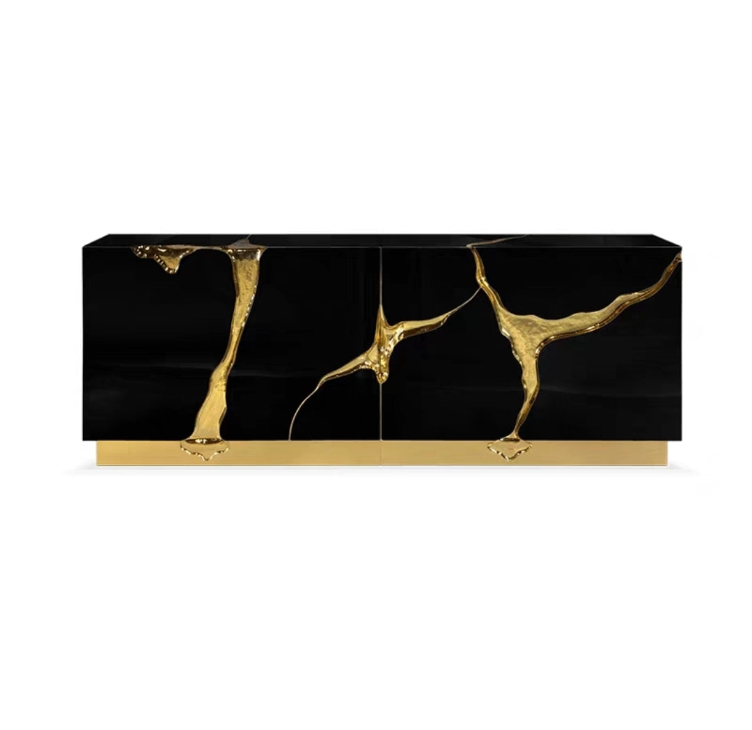 Luxury Abstract Cracked Metal Console Cabinet — Stainless Steel & Solid Wood