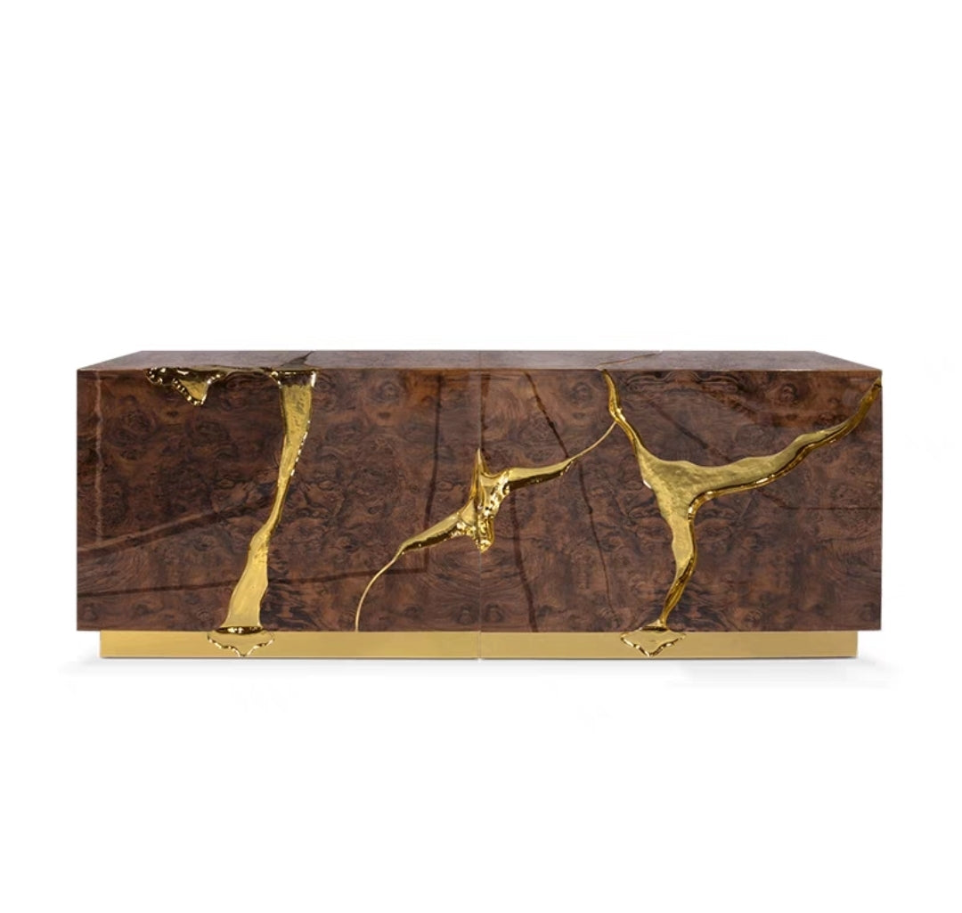 Luxury Abstract Cracked Metal Console Cabinet — Stainless Steel & Solid Wood