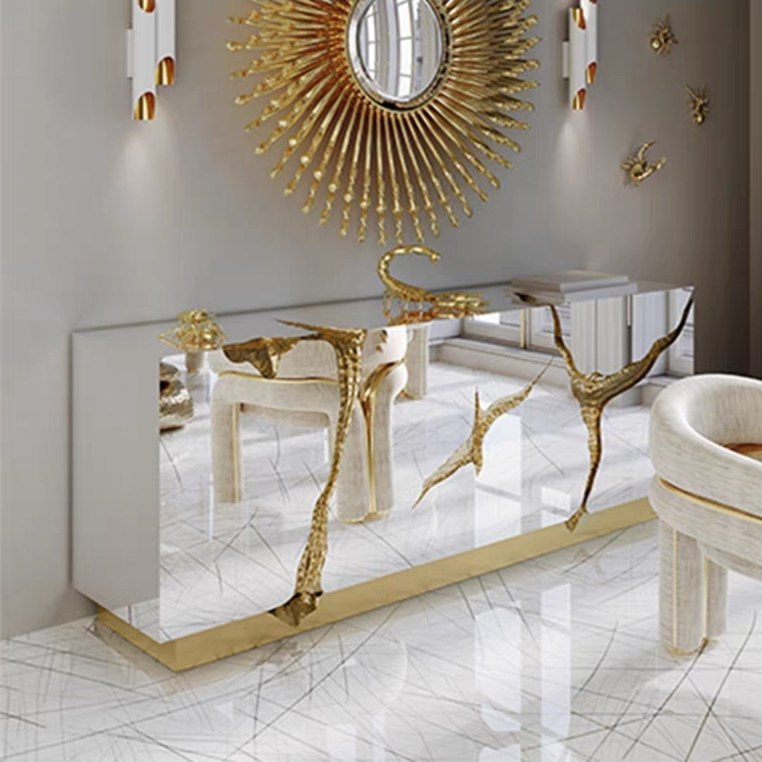 Luxury Abstract Cracked Metal Console Cabinet — Stainless Steel & Solid Wood