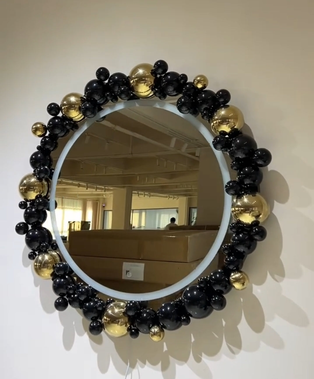 Black & Gold Orb Mirror with Lighting